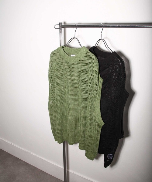 NILWAY（ニルウェイ）の「ファインコットン透かし編みオーバーサイズニットベスト（ベスト・メンズ・ライトグレー/ブラック/グリーン/ブラック系・MEDIUM/LARGE）」の20枚目の写真