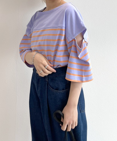 w closet（ダブルクローゼット）の「ショルダースリット切替パネルボーダーTシャツ（Tシャツ/カットソー・レディース・ホワイト×ブルー/ホワイト×ブラック/ブラック×ホワイト/ブルー系その他/ピンク系その他/ホワイト×ピンク・FREE）」の5枚目の写真