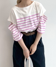 ショルダースリット切替パネルボーダーTシャツ