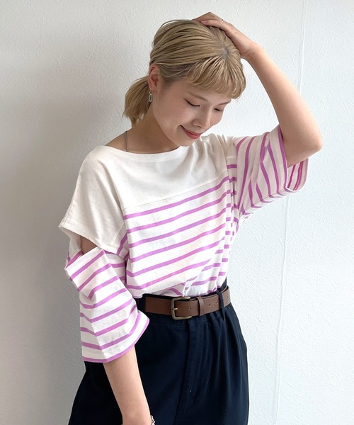 w closet（ダブルクローゼット）の「ショルダースリット切替パネルボーダーTシャツ（Tシャツ/カットソー・レディース・ホワイト×ブルー/ホワイト×ブラック/ブラック×ホワイト/ブルー系その他/ピンク系その他/ホワイト×ピンク・FREE）」の8枚目の写真