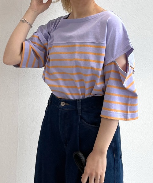 w closet（ダブルクローゼット）の「ショルダースリット切替パネルボーダーTシャツ（Tシャツ/カットソー・レディース・ホワイト×ブルー/ホワイト×ブラック/ブラック×ホワイト/ブルー系その他/ピンク系その他/ホワイト×ピンク・FREE）」の20枚目の写真