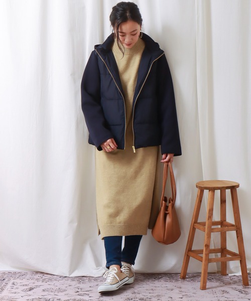 libelle more（リベル モア）の「ファイバーダウン×ダンボールカットソー異素材切替ブルゾン（ブルゾン・レディース・モカ/ネイビー/ベージュ/ライトカーキ/ブラック/グレー・M/L）」の17枚目の写真