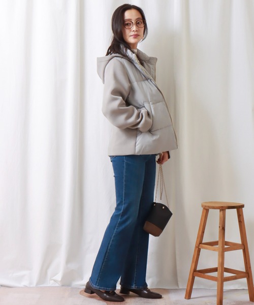 libelle more（リベル モア）の「ファイバーダウン×ダンボールカットソー異素材切替ブルゾン（ブルゾン・レディース・モカ/ネイビー/ベージュ/ライトカーキ/ブラック/グレー・M/L）」の12枚目の写真