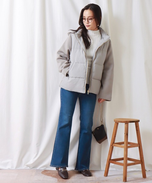 libelle more（リベル モア）の「ファイバーダウン×ダンボールカットソー異素材切替ブルゾン（ブルゾン・レディース・モカ/ネイビー/ベージュ/ライトカーキ/ブラック/グレー・M/L）」の9枚目の写真