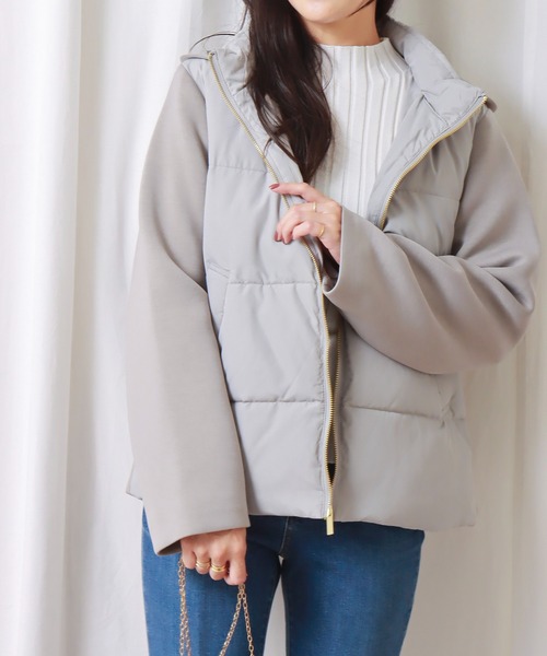 libelle more（リベル モア）の「ファイバーダウン×ダンボールカットソー異素材切替ブルゾン（ブルゾン・レディース・モカ/ネイビー/ベージュ/ライトカーキ/ブラック/グレー・M/L）」の13枚目の写真