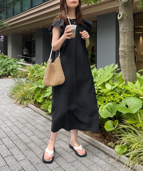 natural couture（ナチュラルクチュール）の「大人Sweetな1枚 フリルスリーブカラーワンピース（ワンピース・レディース・ブラック/ベージュ/ピンク/グリーン・FREE）」の5枚目の写真