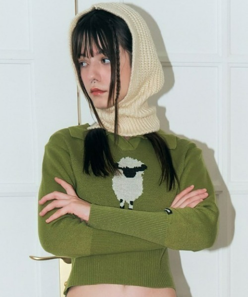 FANCY CLUB(ファンシークラブ)の「A'GEM/9 × .kom『 FANCY CLUB/ファンシークラブ』/PECORA COLLAR CROP KNIT/カラークロップドニットソー(Tシャツ/カットソー・レディース・ブラック/グリーン・FREE)」の7枚目の写真