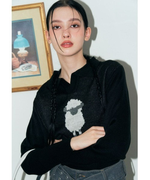 FANCY CLUB(ファンシークラブ)の「A'GEM/9 × .kom『 FANCY CLUB/ファンシークラブ』/PECORA COLLAR CROP KNIT/カラークロップドニットソー(Tシャツ/カットソー・レディース・ブラック/グリーン・FREE)」の4枚目の写真