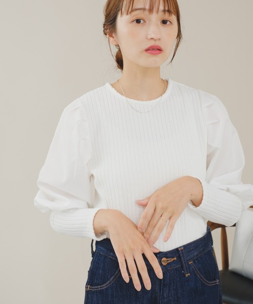 Drawer アイボリー パフスリーブニット 美人百花掲載》ビジュー衿付きパフスリーブニット【洗濯機洗い可