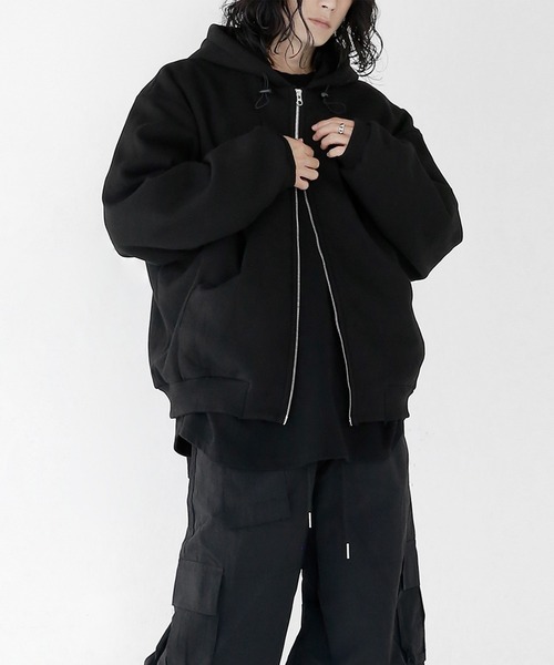 minsobi(ミンソビ)の「裏起毛タックポケットパーカー オーバーサイズ ビッグシルエットジップアップパーカー(ノーカラージャケット・メンズ・ブラック/グレー・FREE)」の2枚目の写真