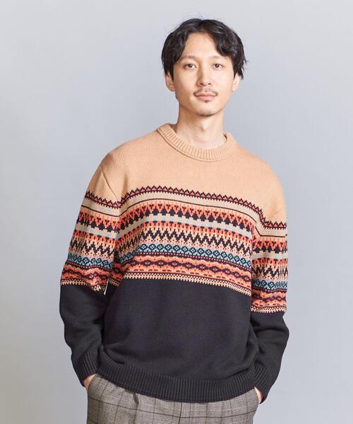 パネル ジャカード クルーネック ニット