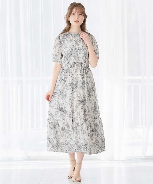 専用♪美品♪ pas de calais 花柄 ギャザー ワンピース 多少透け感 Alotta 線画タッチ花柄ギャザー切替ワンピース -ファッション