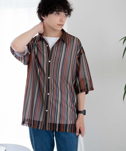 WEGO（ウィゴー）の「WEGO/メッシュBIGシャツ（シャツ/ブラウス・メンズ・その他1/その他2/ブラック系その他/ホワイト系その他/グリーン系その他/パープル/その他3・MEDIUM/LARGE）」の5枚目の写真