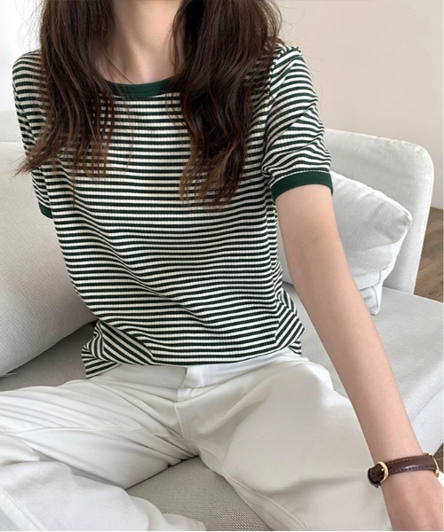 ARCADE(アーケード)の「ヴィンテージテイスト 針抜きレトロボーダー リンガーTシャツ 半袖 【-ARCADE Limited Line-】(Tシャツ/カットソー・レディース・ブラック/グリーン/モカ・FREE)」の3枚目の写真