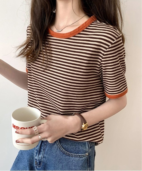 ARCADE(アーケード)の「ヴィンテージテイスト 針抜きレトロボーダー リンガーTシャツ 半袖 【-ARCADE Limited Line-】(Tシャツ/カットソー・レディース・ブラック/グリーン/モカ・FREE)」の2枚目の写真