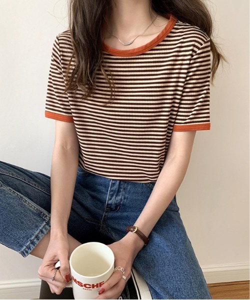 ARCADE(アーケード)の「ヴィンテージテイスト 針抜きレトロボーダー リンガーTシャツ 半袖 【-ARCADE Limited Line-】(Tシャツ/カットソー・レディース・ブラック/グリーン/モカ・FREE)」の9枚目の写真