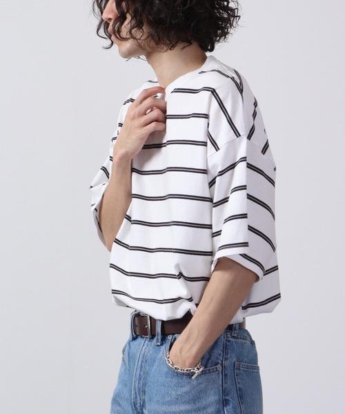 FUNALIVE(ファンアライブ)の「Multi-border short-sleeved T-shirt / マルチボーダー半袖Tシャツ unisex(Tシャツ/カットソー・メンズ・ネイビー系/杢グレー/チャコールグレー/ホワイト×ブラック/ホワイト×グリーン/サックスブルー/グリーン/ホワイト/ネイビー/ベージュ/ホワイト×ネイビー/チャコール・M/L/XL)」の16枚目の写真