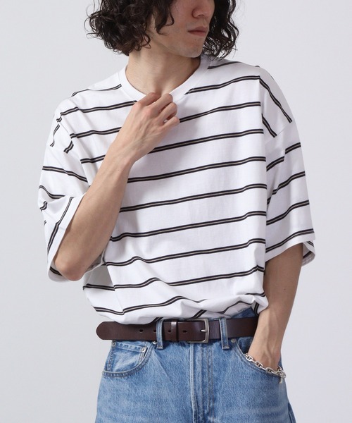 FUNALIVE(ファンアライブ)の「Multi-border short-sleeved T-shirt / マルチボーダー半袖Tシャツ unisex(Tシャツ/カットソー・メンズ・ネイビー系/杢グレー/チャコールグレー/ホワイト×ブラック/ホワイト×グリーン/サックスブルー/グリーン/ホワイト/ネイビー/ベージュ/ホワイト×ネイビー/チャコール・M/L/XL)」の14枚目の写真