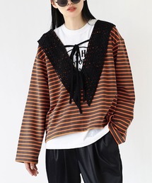 クロシェ襟 ボーダープルオーバー