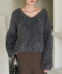 フェイクファーラメシャギーボートネックワイド袖ルーズシルエットニット