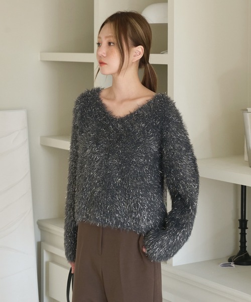 シャギーニット ラメ sullen ファー セール】フェイクファーラメシャギーボートネックワイド袖ルーズ