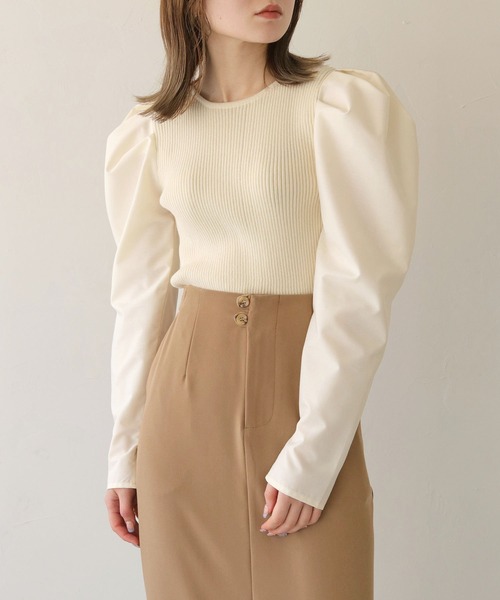 CLEIO（クレイオ）の「【CLEIO】袖切替えパフスリーブニット（ニット/セーター・レディース・ピンク/アイボリー/サックスブルー系・FREE）」の4枚目の写真