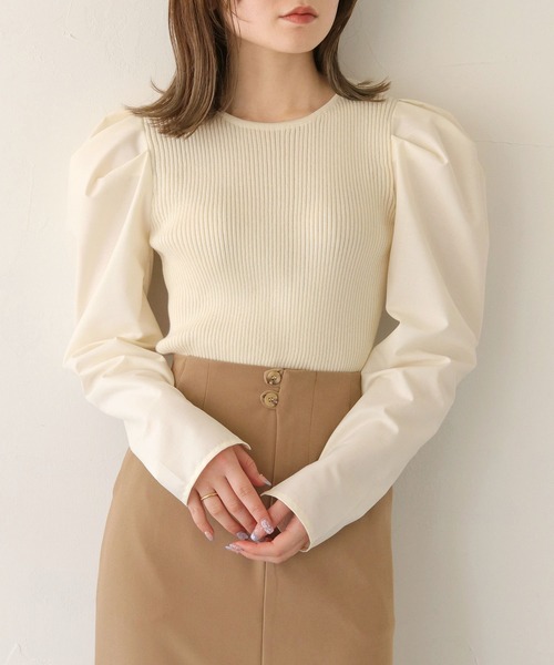 CLEIO（クレイオ）の「【CLEIO】袖切替えパフスリーブニット（ニット/セーター・レディース・ピンク/アイボリー/サックスブルー系・FREE）」の7枚目の写真