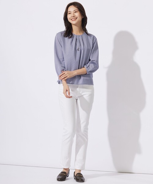 J.PRESS Ladies(J.プレス レディス)の「【WEB限定カラーあり】ストライプジャカード フロントタック カットソー(Tシャツ/カットソー・レディース・ふじ色系1/パープル系1/ネイビー系1/ネイビー系2/ネイビー系/グリーン系1・SMALL)」の15枚目の写真