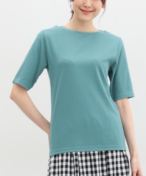 Honeys(ハニーズ)の「半袖ボートネックTシャツ(Tシャツ/カットソー・レディース・モカ/ピンク/グリーン/オフホワイト/ブラック/グレイッシュベージュ/ブルー・S/M/L/LL)」の14枚目の写真
