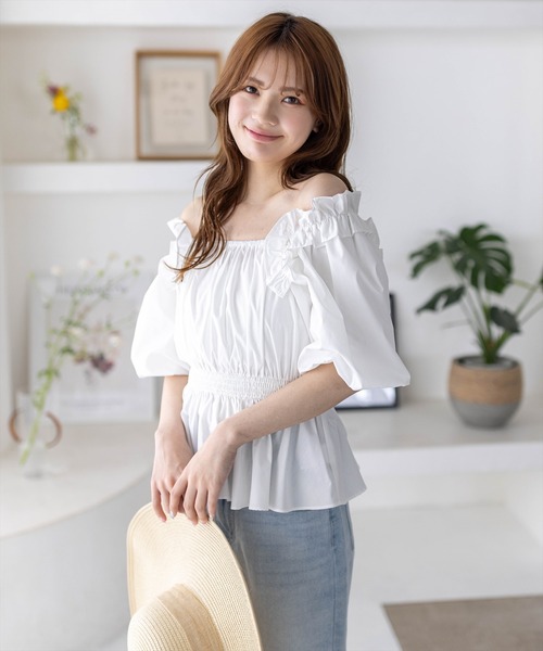 clear（クリア）の「2way肩フリルウエストシャーリング半袖ブラウス[オフィスカジュアル 着回し抜群 大人 カジュアル]≪再入荷≫（シャツ/ブラウス・レディース・オフホワイト/ブラック/イエロー・F）」の14枚目の写真