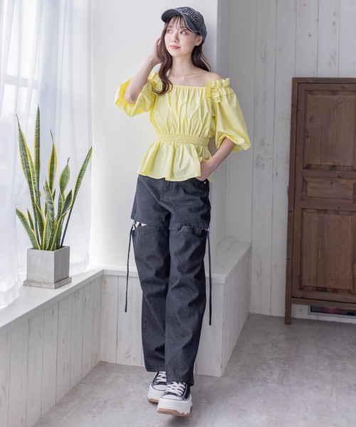 clear（クリア）の「2way肩フリルウエストシャーリング半袖ブラウス[オフィスカジュアル 着回し抜群 大人 カジュアル]≪再入荷≫（シャツ/ブラウス・レディース・オフホワイト/ブラック/イエロー・F）」の16枚目の写真