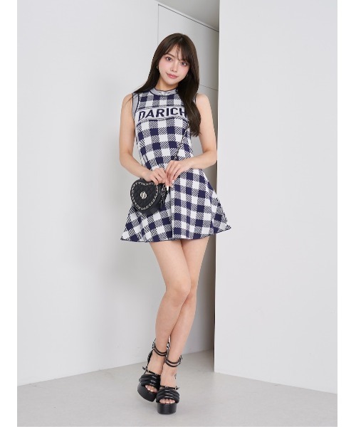 *Darich ギンガムチェックフレアミニワンピース ネイビー free 美品 Darich（ダーリッチ）の「ギンガムチェックフレアミニワンピース