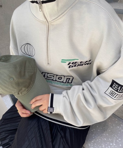 VISION STREET WEAR（ヴィジョンストリートウェア）の「【VISION STREET WEAR】スポーツハーフZIPスウェット《洗濯機で洗える》（Tシャツ/カットソー・レディース・オフホワイト/ブルー・M）」の12枚目の写真