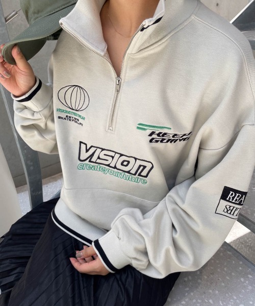 VISION STREET WEAR（ヴィジョンストリートウェア）の「【VISION STREET WEAR】スポーツハーフZIPスウェット《洗濯機で洗える》（Tシャツ/カットソー・レディース・オフホワイト/ブルー・M）」の13枚目の写真
