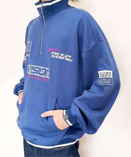 VISION STREET WEAR（ヴィジョンストリートウェア）の「【VISION STREET WEAR】スポーツハーフZIPスウェット《洗濯機で洗える》（Tシャツ/カットソー・レディース・オフホワイト/ブルー・M）」の14枚目の写真
