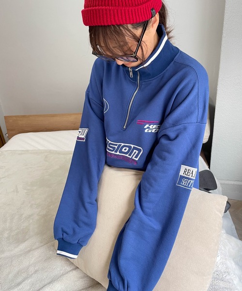 VISION STREET WEAR（ヴィジョンストリートウェア）の「【VISION STREET WEAR】スポーツハーフZIPスウェット《洗濯機で洗える》（Tシャツ/カットソー・レディース・オフホワイト/ブルー・M）」の19枚目の写真