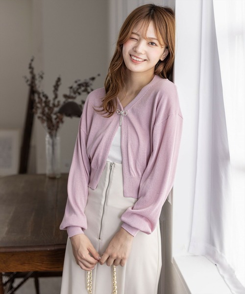 clear（クリア）の「ビジューリボン付きカーディガン [大人 カジュアル 着回し力抜群]≪再入荷≫（カーディガン/ボレロ・レディース・アイボリー/グレー/ピンク・F）」の9枚目の写真