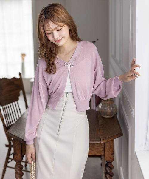 clear（クリア）の「ビジューリボン付きカーディガン [大人 カジュアル 着回し力抜群]≪再入荷≫（カーディガン/ボレロ・レディース・アイボリー/グレー/ピンク・F）」の8枚目の写真