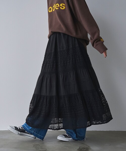 coen(コーエン)の「MARKET(マーケット)レース切替コットンギャザースカート(スカート・レディース・ブラック/オフホワイト・FREE)」の2枚目の写真