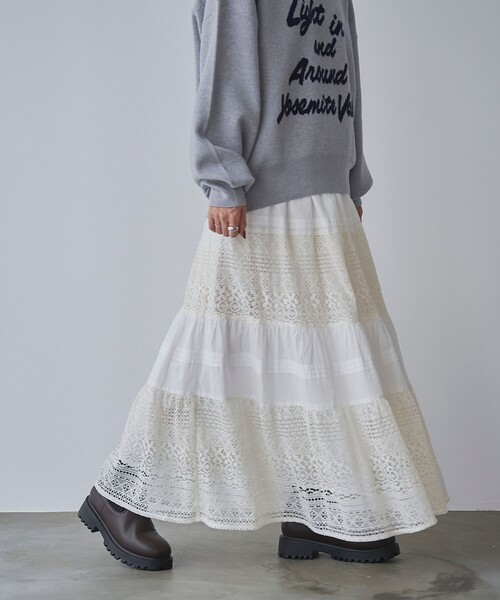 coen(コーエン)の「MARKET(マーケット)レース切替コットンギャザースカート(スカート・レディース・ブラック/オフホワイト・FREE)」の4枚目の写真