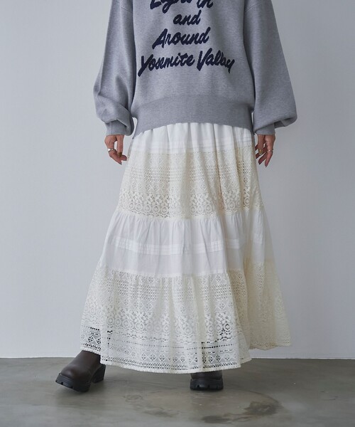 coen(コーエン)の「MARKET(マーケット)レース切替コットンギャザースカート(スカート・レディース・ブラック/オフホワイト・FREE)」の6枚目の写真