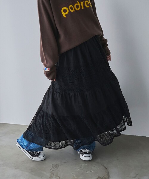 coen(コーエン)の「MARKET(マーケット)レース切替コットンギャザースカート(スカート・レディース・ブラック/オフホワイト・FREE)」の10枚目の写真