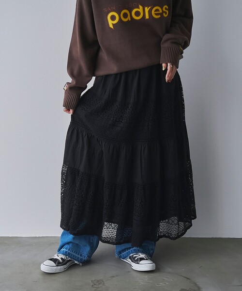 coen(コーエン)の「MARKET(マーケット)レース切替コットンギャザースカート(スカート・レディース・ブラック/オフホワイト・FREE)」の12枚目の写真