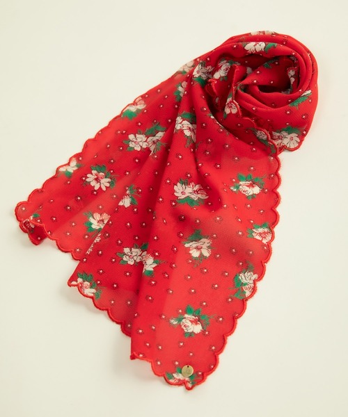 Dot＆Stripes CHILD WOMAN（ドットアンドストライプス　チャイルドウーマン）の「☆ラインフラワープリント スカラップスカーフ（バンダナ/スカーフ・レディース・レッド/ブラウン・FREE）」の7枚目の写真