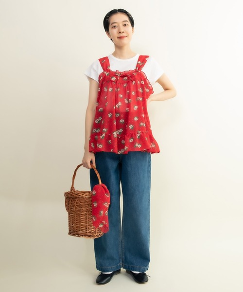 Dot＆Stripes CHILD WOMAN（ドットアンドストライプス　チャイルドウーマン）の「☆ラインフラワープリント スカラップスカーフ（バンダナ/スカーフ・レディース・レッド/ブラウン・FREE）」の4枚目の写真