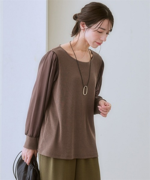 nissen（ニッセン）の「シアーボリューム袖リブカットソー（Tシャツ/カットソー・レディース・チャコールグレー/ブラック/グレイッシュベージュ/ブラウン・L/S/LL/M/3L/4L/5L/6L）」の3枚目の写真