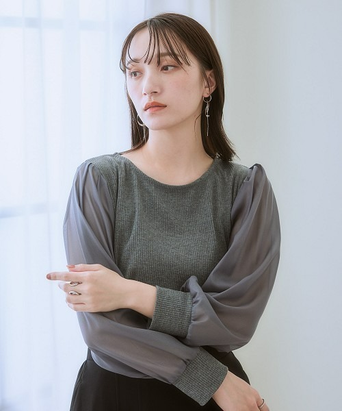 nissen（ニッセン）の「シアーボリューム袖リブカットソー（Tシャツ/カットソー・レディース・チャコールグレー/ブラック/グレイッシュベージュ/ブラウン・L/S/LL/M/3L/4L/5L/6L）」の2枚目の写真