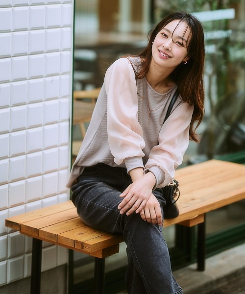 nissen（ニッセン）の「シアーボリューム袖リブカットソー（Tシャツ/カットソー・レディース・チャコールグレー/ブラック/グレイッシュベージュ/ブラウン・L/S/LL/M/3L/4L/5L/6L）」の9枚目の写真