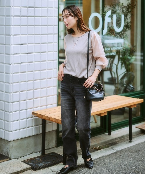 nissen（ニッセン）の「シアーボリューム袖リブカットソー（Tシャツ/カットソー・レディース・チャコールグレー/ブラック/グレイッシュベージュ/ブラウン・L/S/LL/M/3L/4L/5L/6L）」の10枚目の写真