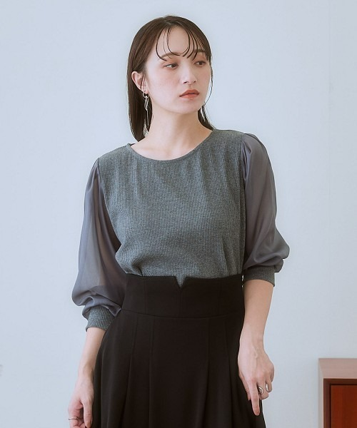 nissen（ニッセン）の「シアーボリューム袖リブカットソー（Tシャツ/カットソー・レディース・チャコールグレー/ブラック/グレイッシュベージュ/ブラウン・L/S/LL/M/3L/4L/5L/6L）」の15枚目の写真